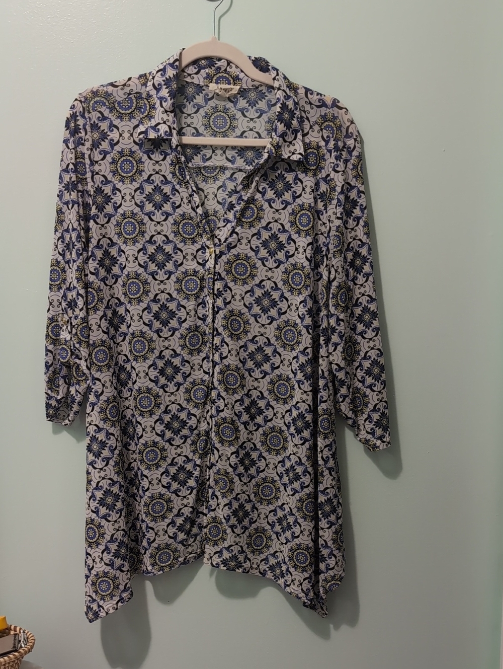 Ember Printed Button-Front Tunic Blouse - Blue & White